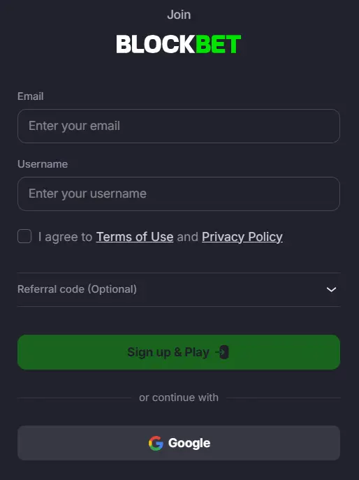 Signup form in BlockBet Casino